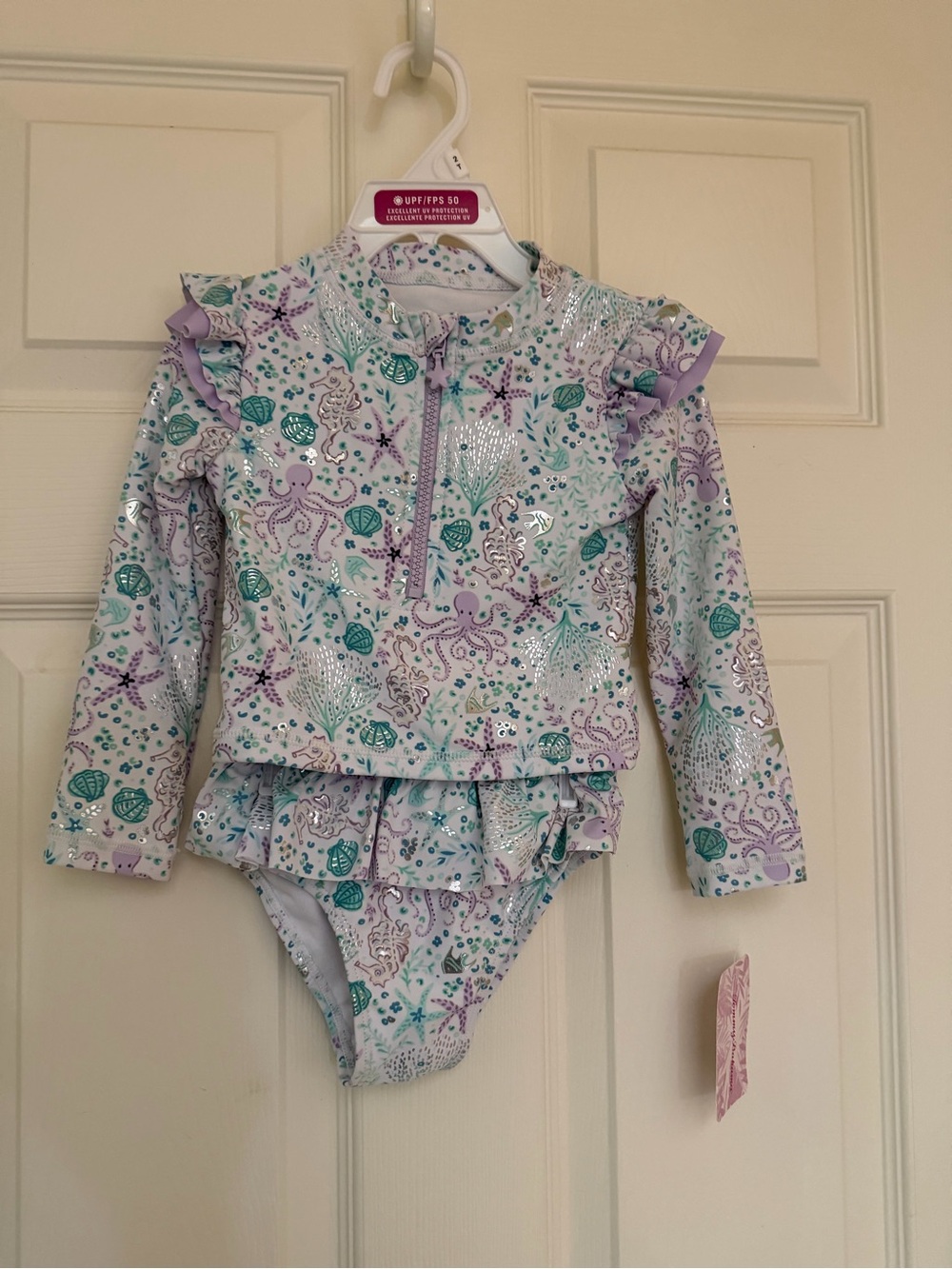 Tommy Bahama Girls Lavender & Teal Sea Life Ruffle Rashguard Swimsuit